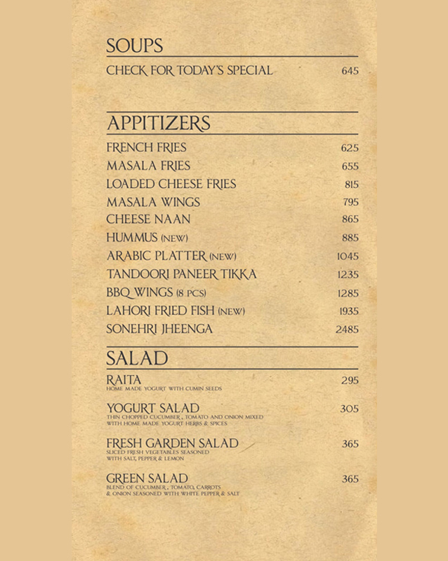 Junoon Restaurant Menu Price Lahore