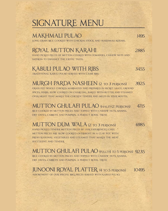 Junoon Restaurant Lahore Menu Price