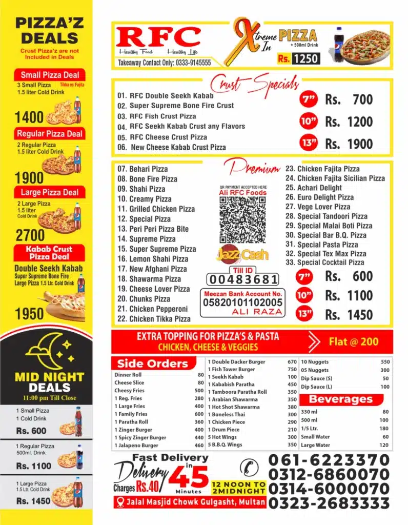 RFC Multan Menu 2024
Rasheed Fried Chicken Multan Menu Gulgasht